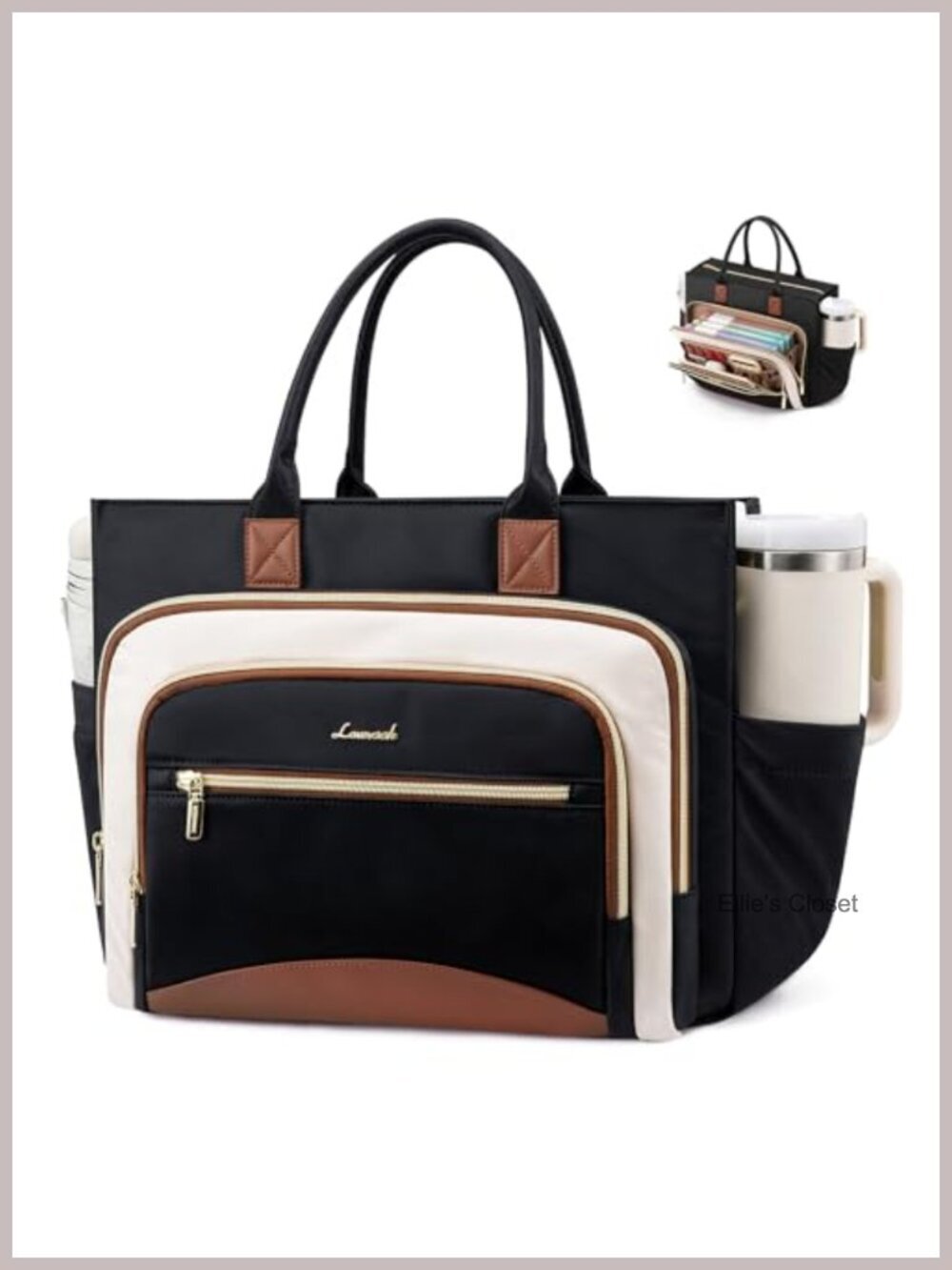 Work Laptop Tote Bag with Cup Holder, Accordion File Organizer, Faux Leather